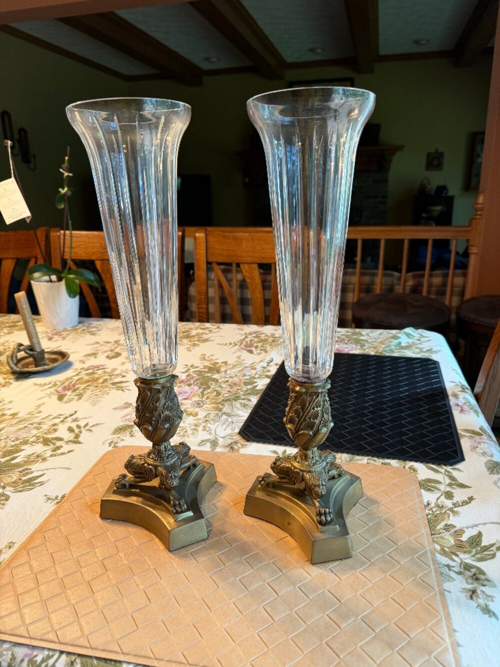 Pair of Metal & Glass Tall Unique Taper Candleholders Beveled Glass 17 1/2" Tall